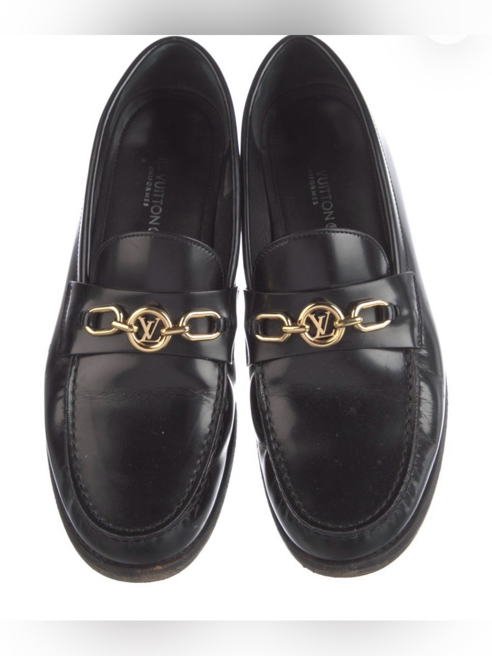 STUNNING Louis Vuitton Black Leather Chess Loafers with Gold LV Chain women’s